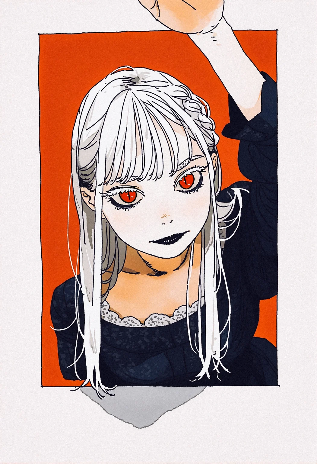 (by
akai sashimi, mzet, otohime \(youngest princess\),
:1.25), pointy chin, (outside border, fourth wall:1.1), (through medium:1.3), facing viewer, reaching,
1girl, solo, white hair, long hair, straight hair, side braid, colored eyelashes, white eyelashes, thick eyelashes, long eyelashes, pale skin, red eyes, slit pupils, black lips, black eyeshadow, medium breasts, tall female, aged up,
(white gothic dress:1.2),
ultra-detailed, nose, lips,
red background, simple background,
masterpiece, high score, great score, absurdres,