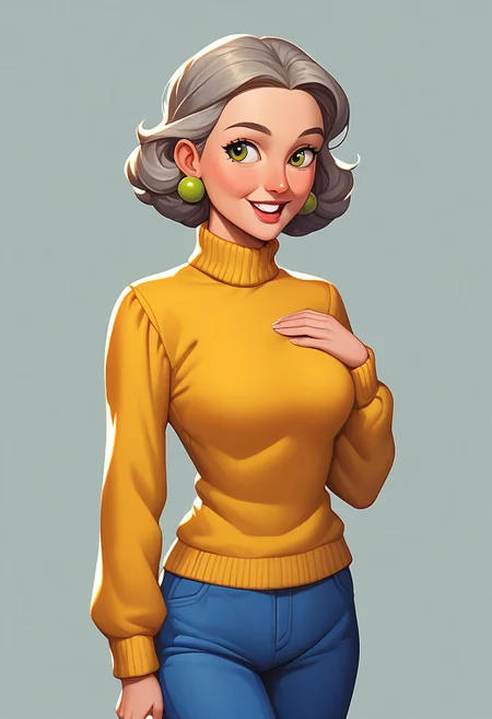 score_9, score_8_up, score_7_up, mercasg, BREAK 1girl, woman, ((elderly, old, wrinkles)), solo, shocked, pretty, eyebrows up, open mouth, teeth, medium breasts, medium hair, gray hair, green eyes, ((round gray earrings with yellow shell)), ((yellow Turtleneck Dickey with wide fringe over sweater:1.5)), blue sweater with long sleeves under dickey, blue pants, BREAK right hand near the waist, left hand on the chest, standing, cowboy shot, semi-sideways, half-sideways, looking to the left, BREAK gray background, simple background, gray gradient background