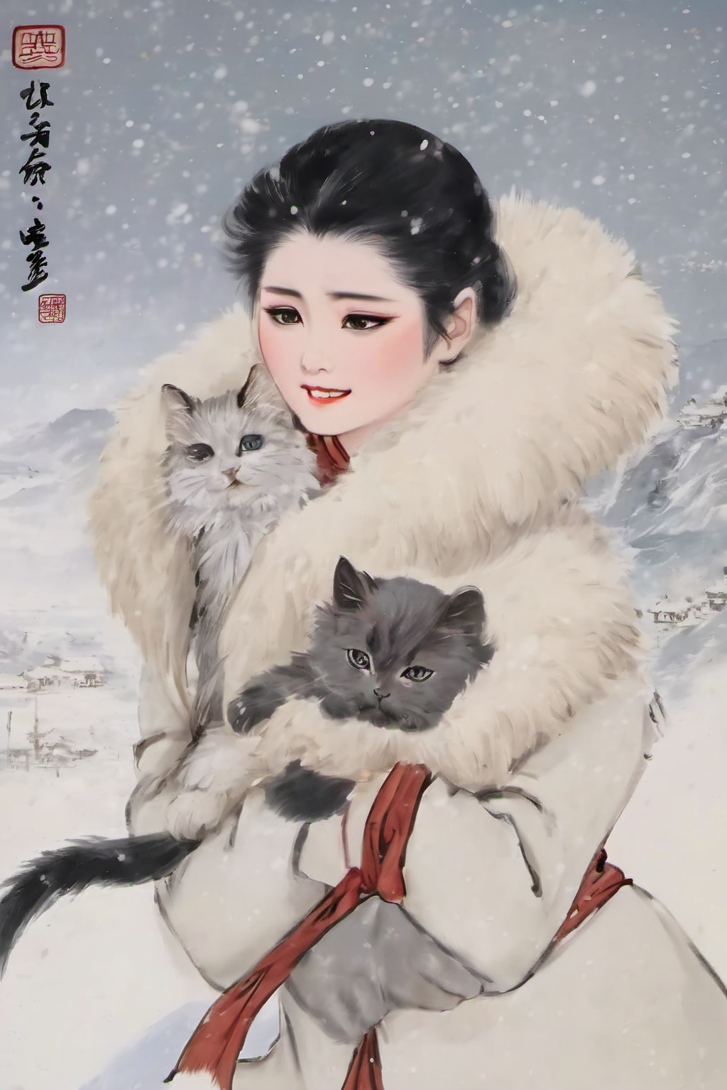 liujiyou, cat ,snow, white coat, frozen land, snow, traditional media,  <lora:liujiyou-000008:0.6>