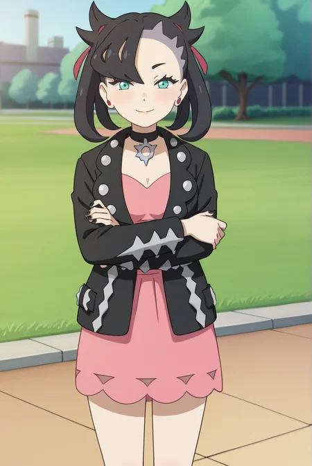 score_9, score_8_up, score_7_up, score_6_up, score_5_up, score_4_up, BREAK source_anime, 1girl, solo,
<lora:PokemonMarnieXL-v1-06:0.7>, ChopioMarnie, black hair, medium hair, twintails, undercut, pink hair ribbon, asymmetrical bangs, aqua eyes, eyelashes, pink earrings, looking at viewer,
mature female, [small breasts : medium breasts: 1], black nail polish,
outfit_1, black jacket, black choker, jewelry, open jacket, studded jacket, long sleeves, pink dress,
standing, smile, thighs, cowboy shot,
park, grass, stone path, lamppost, sunny, knees, crossed arms,