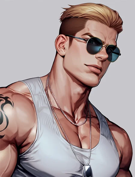 score_9, score_8_up, score_7_up, score_6_up, 
porco_galliard, solo, looking at viewer, undercut, blonde hair, military dog tags, short hair, 1boy, ripped shirt, upper body, male focus, muscular, abs, aviator sunglasses, pectorals, arm tattoos, muscular male, bara, large pectorals, (realistic:1.3)
