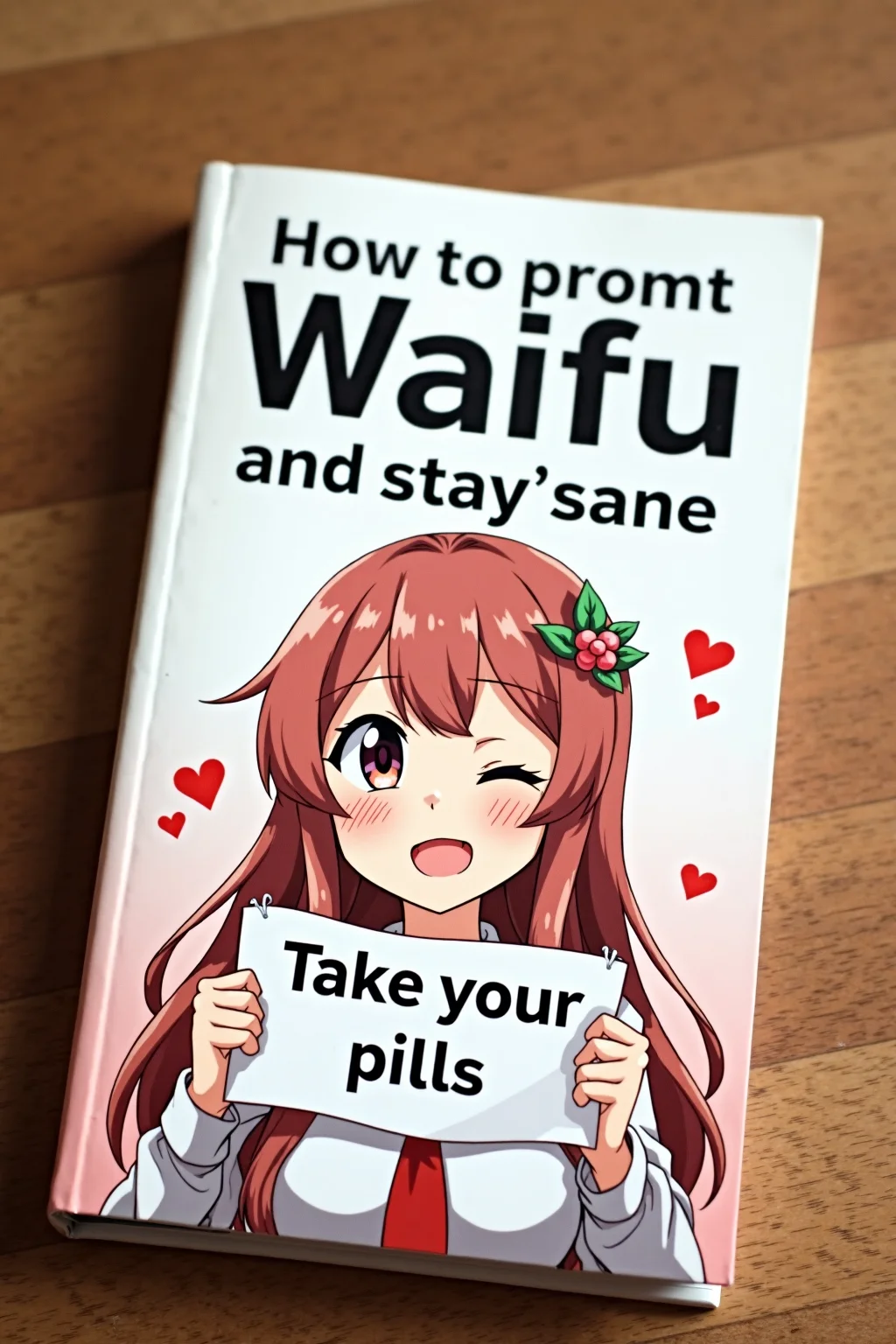 Close up Photo of book.
Inscription at the top of the book "How to promt Waifu".
Inscription below "and stay sane"
The book is vertically aligned.
On the cover anime woman holding banner "Take your pills". One eye is closed, heart.
Wooden table top on background. High quality advertising photo.