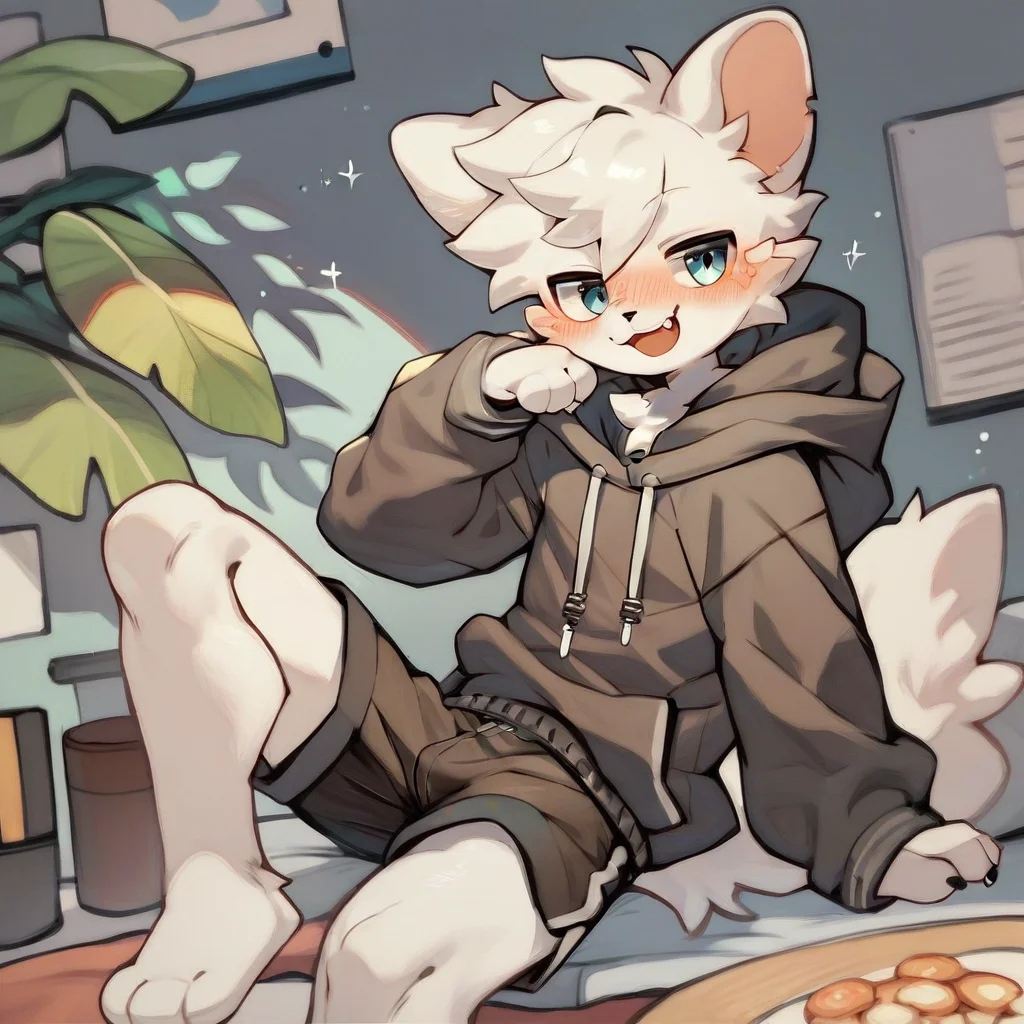 <lora:BoykisserSDXL-V2:0.95>, score_9,score_8_up,score_7_up,score_6_up,score_5_up,score_4_up, solo anthro furry, boykisserfur, male, white fur, white ears, smug, blush, hoodie, shorts, full body