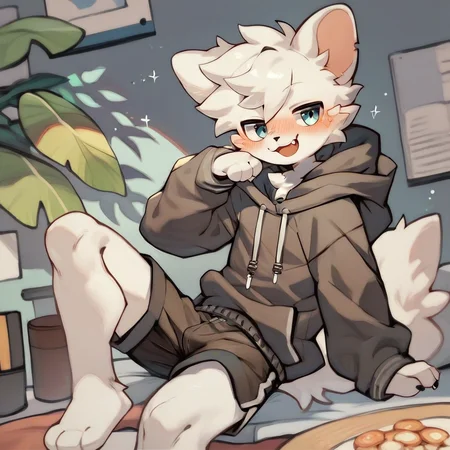 <lora:BoykisserSDXL-V2:0.95>, score_9,score_8_up,score_7_up,score_6_up,score_5_up,score_4_up, solo anthro furry, boykisserfur, male, white fur, white ears, smug, blush, hoodie, shorts, full body