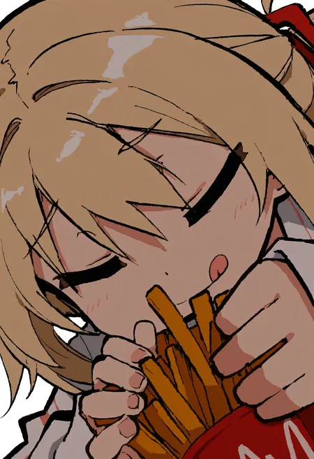 odyk, jaggy lines,
masterpiece, best quality, absurdres, very aesthetic, highres, very awa,
1girl, closed eyes, hands up, food, solo, blonde hair, french fries, long sleeves, tongue out, red ribbon, simple background, raised eyebrows, white background, :q,
<lora:odyk:1>
