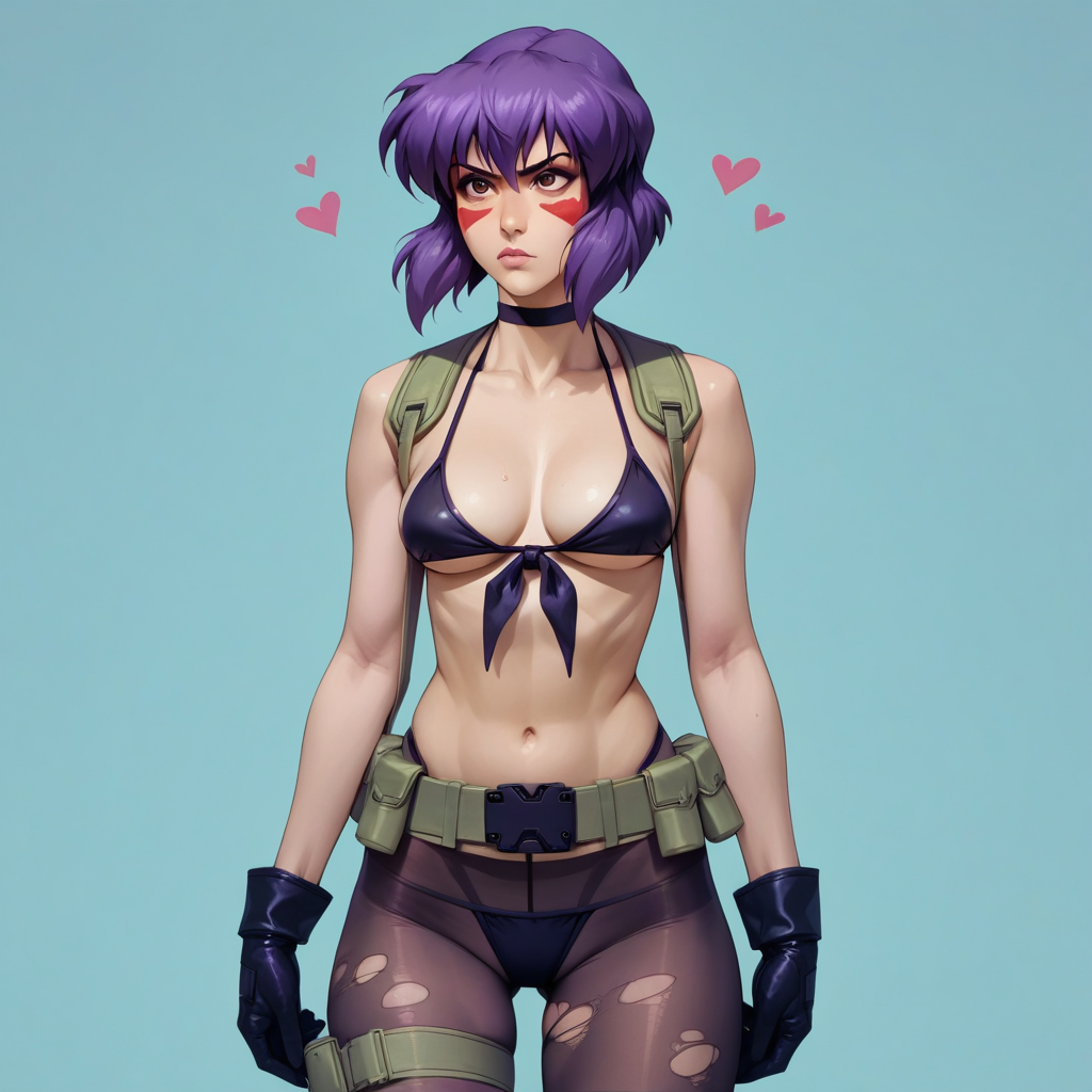score_9, score_8_up, score_7_up, source_anime, expressive, anime, Artist Style:urushihara_satoshi, speedlines, dynamic, hearts, 1girl, Motoko Kusanagi\(Ghost in the Shell\), (purple Hair:1.3), quietcosplayXL, bikini, black choker, front-tie_bikini_top, gloves, lowleg_pantyhose, black bikini, pantyhose, torn_pantyhose, facepaint, makeup, eyeliner, thigh_strap, green_belt, boots, quiet_(metal_gear)_(cosplay), cosplay