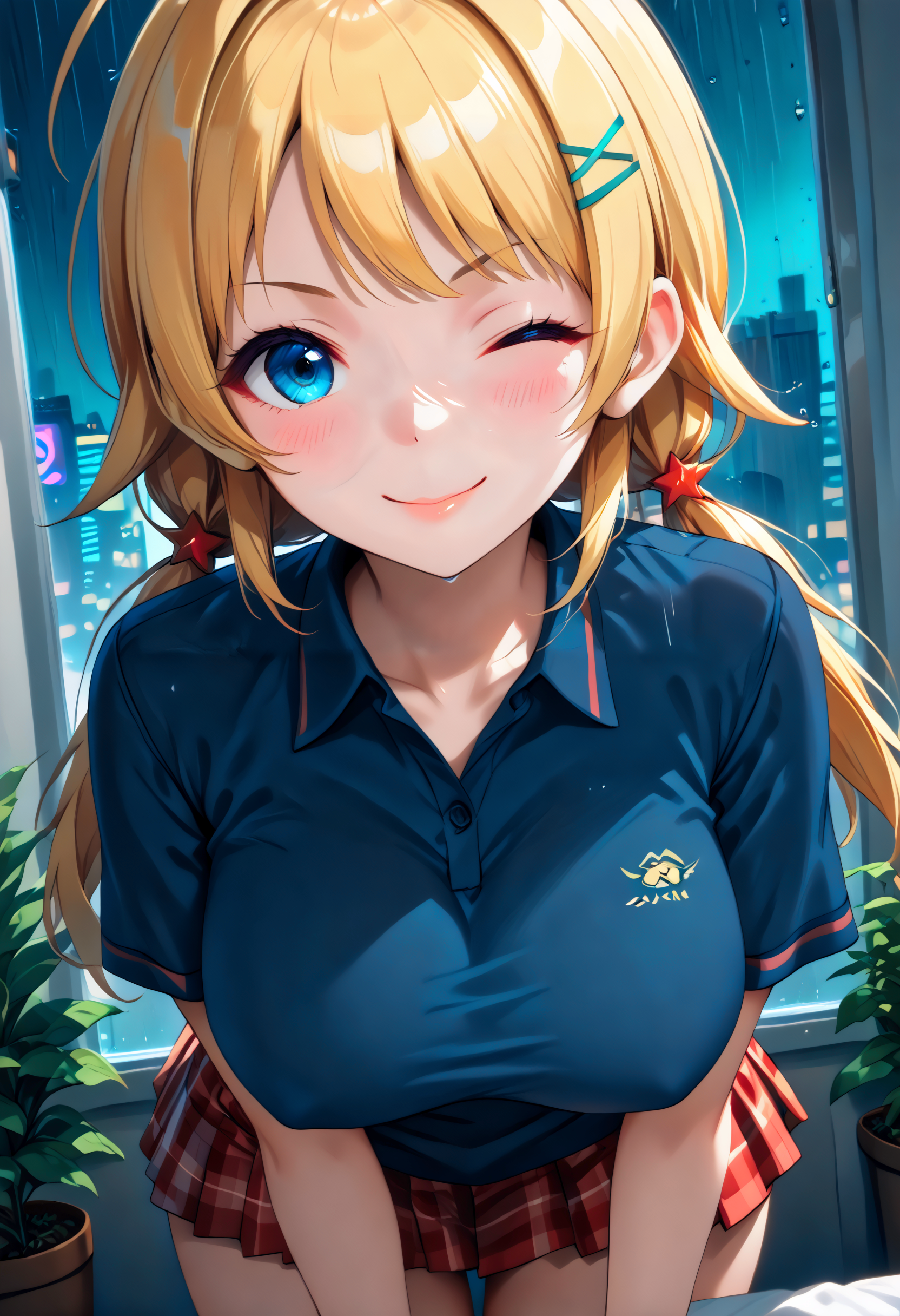 Score_9, score_8_up, score_7_up,  source_anime, (anime:1.2),  uncensored, zPDXL3, detailxl, (ffacedetailxl:0.5), neolight, very absurdres, raytracing, glistening shiny, Soft illumination, global illuminations, detailed face, detailed eyes, detailed, pretty face,
BREAK <lora:hskc-meguru-pony-v0.5:1> (hachimiya meguru:1.2), long hair, blonde hair, low twintails, ahoge,  blue eyes, (large breasts:1.3), hairpin, polo shirt, plaid skirt,
BREAK  1girl,solo, smile, wink, one eye closed, blush, skindentation, raised eyebrows, , (out of frame,<lora:OOFrame:1> (ooframe, extra-close:1),(close-up:1),(breast focus:1):1.4),(dutch angle:1.3), (dynamic angle:1.4), (leaning forward:1.3), ()<lora:[SDXL 1.0] !action-sdxl-V0.5:0.8> zdyna_pose, dynamic pose,,, (covered nipples:1), (erect nipples under clothing:1), <lora:cyberpunk_bedroom:0.8> steaming coffee cup on windowsill, plants on the windowsill, wall of plants, monstera plant, large plant, tidy bedrrom, small room, cramped bedroom, cyberpunk city view out of the window, neon light, purple neon lights, rain, rain outside, rain on the window,
<lora:hand 5.5:1> <lora:pubic hair_pony_V1.0:0.5> <lora:vivid_everclear:0.3> <lora:light:0.3> <lora:3Danimation_Disney_1.0:0.6> <lora:Fant5yP0ny:0.3> <lora:HDA_Detailer:0.5> <lora:colorful_sdxl_v2_lbw:1>