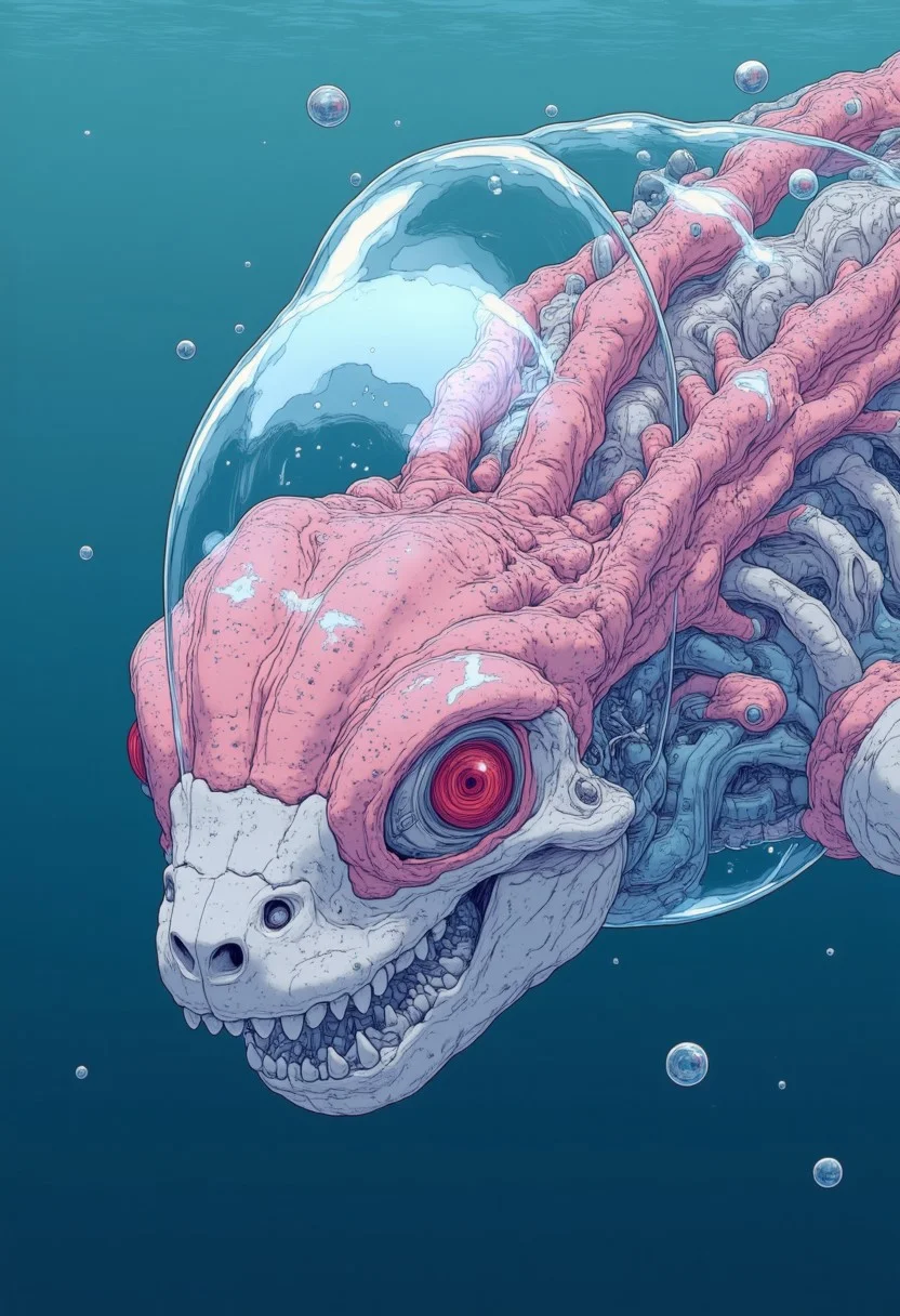 Transparent Mosasaurus swimming in the ocean with pink neon skeleton and teeth visible through the body.