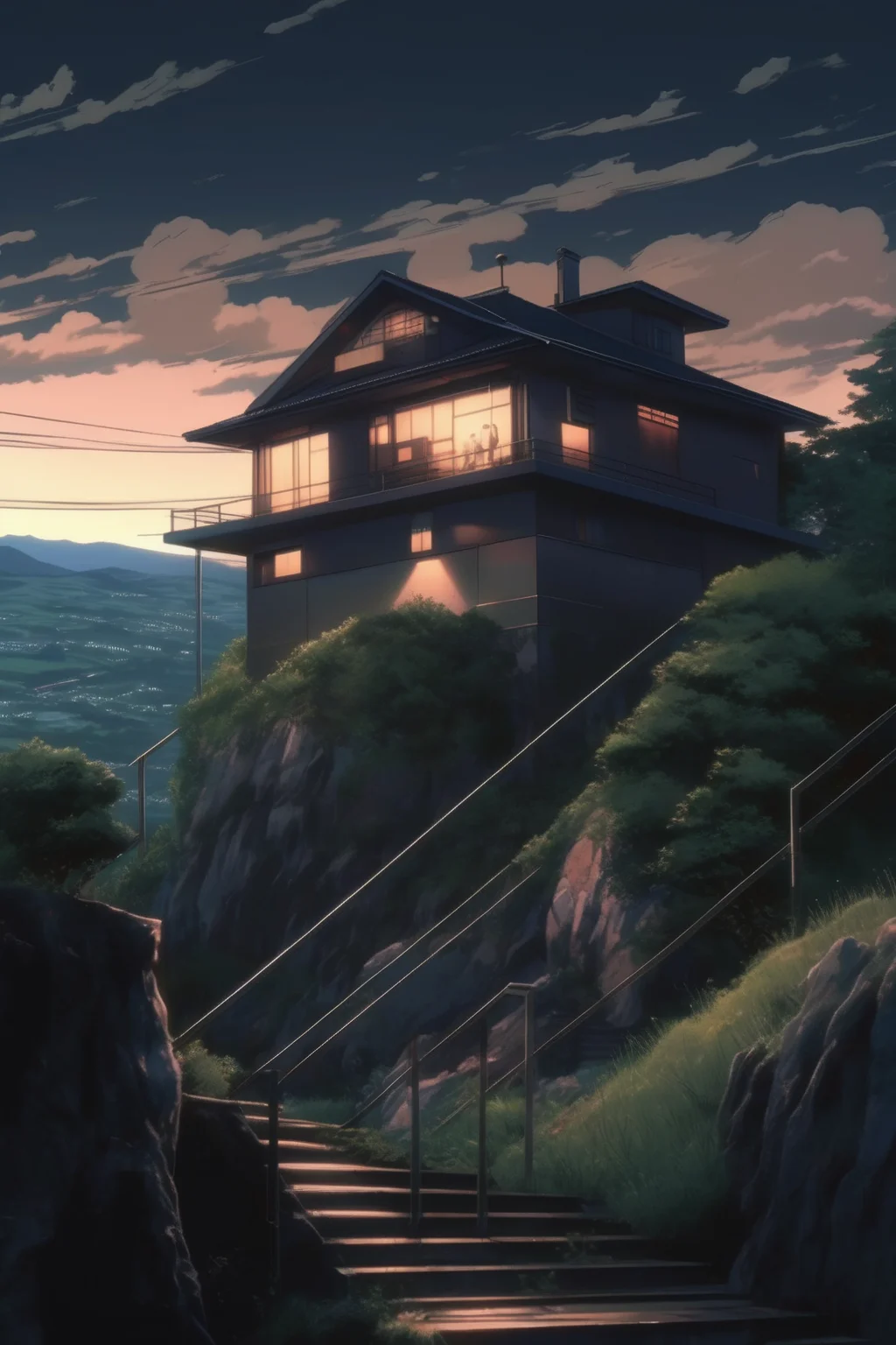 <lora:Makoto Shinkai Style:1>Makoto Shinkai Style - a house on the side of a hill in an anime world, in the style of dark modernism, b-movie aesthetics, mamiya rb67, die brcke, clean and streamlined, claire-obscure lighting, i can't believe how beautiful this is