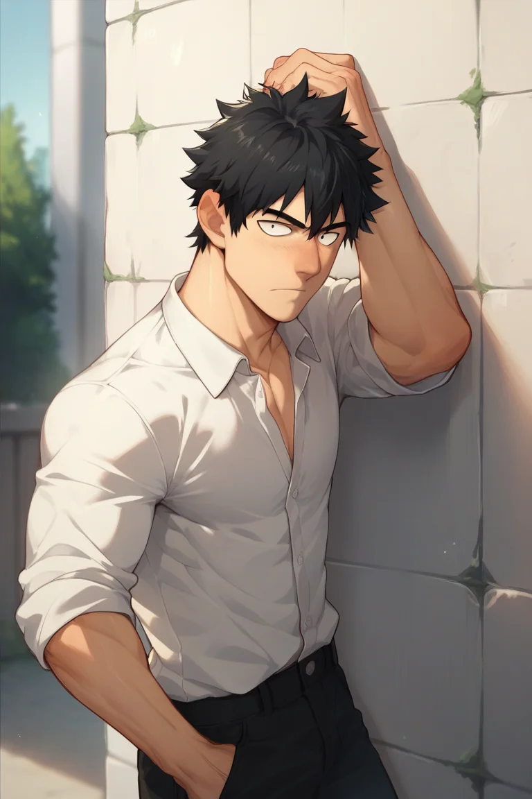 score_9, score_8_up,score_7_up, 1boy, solo, male focus, muscular, black hair, black eyes, white shirt, black pants, leaning against wall casually, outside, hands inside pockets, looking at viewer, slightly tilted up head, untucked  shirt <lora:HanDaewi:1> blushed nose