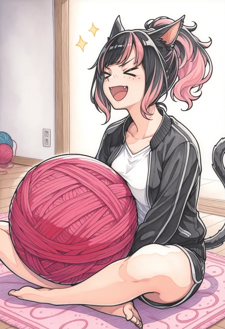 masterpiece, best quality, traditional media, watercolor /(medium/), 1girl, solo, <lora:clamchan_illu:1> animal ears, black hair, >.<, pink hair, multicolored hair, ponytail, slit pupils, freckles, cat tail, sitting, indian style, white shirt, black jacket, black shorts, (giant ball of yarn), happy, carpet, open mouth