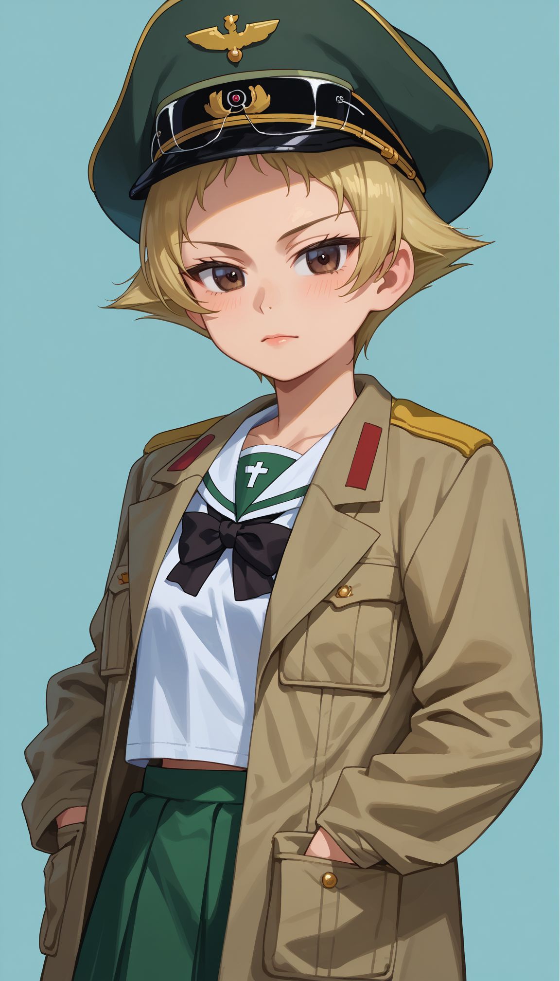 score_9, score_8_up, score_7_up, score_6_up, , solo, 20yo woman, (Beuty:1.1) , (cute:1.3), 
 <lora:GUPErwin:1> erwin (girls und panzer), 1girl, short hair, blonde hair, pointy hair, brown eyes, military hat, long sleeves, green headwear, military jacket, open clothes, open jacket, brown jacket, ooarai school uniform, miniskirt, white shirt, serafuku