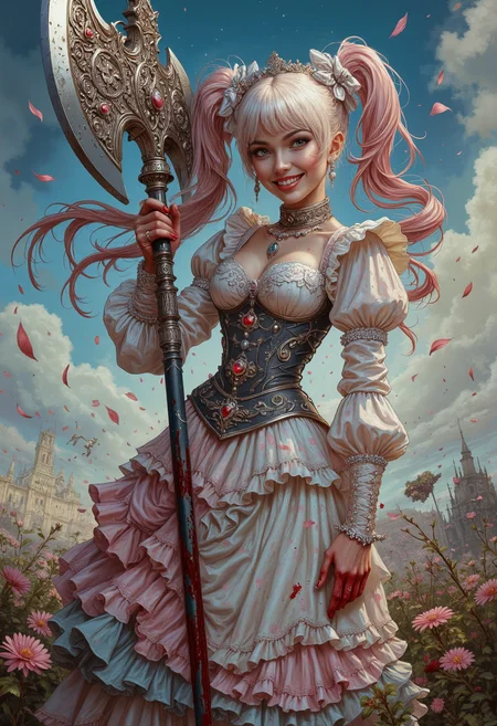 A highly detailed, photorealistic portrait of a woman blending whimsical cute fashion with fierce warrior aesthetics, now tinged with a macabre twist. She stands confidently, holding a beautifully ornate, oversized battle axe, its intricate engravings smeared with fresh blood that drips from the blade. Her pastel pinks, baby blues, and whites outfit, featuring a frilly cute-style dress with lace accents, a high collar, puffed sleeves, and a corset bodice adorned with delicate bows and miniature charms, is stained with crimson splatters. The dress's layered ruffled skirt shows streaks of dried blood along the hem,
Her hair, styled in long, flowing twin-tails tied with oversized bows, cascades in loose curls down her shoulders, the ends slightly matted with blood. She wears a dainty, jewel-encrusted tiara and a choker adorned with a heart-shaped gemstone now darkened with a splatter of crimson blood. Her expression is a mix of sweetness and unhinged ferocity, her wide eyes sparkling with both manic glee and raw determination, her lips twisted into a crazed, bloodthirsty grin.
The background is a vibrant, dreamlike fantasy battlefield turned grim with hints of destruction. The magical sky swirls with pastel hues, but darker tones creep through the colors. Floating petals and sparkles remain, now stained and drifting alongside faint embers, as faint silhouettes of distant battles hint at the chaos. The overall scene exudes high-quality artistry, seamlessly blending cute, fierce, and unsettling elements in a stunning display of dark fantasy and cute fashion  <lora:Comic book V2:0.6>   <lora:flux.1_lora_flyway_Epic-detail_v2:0.5>