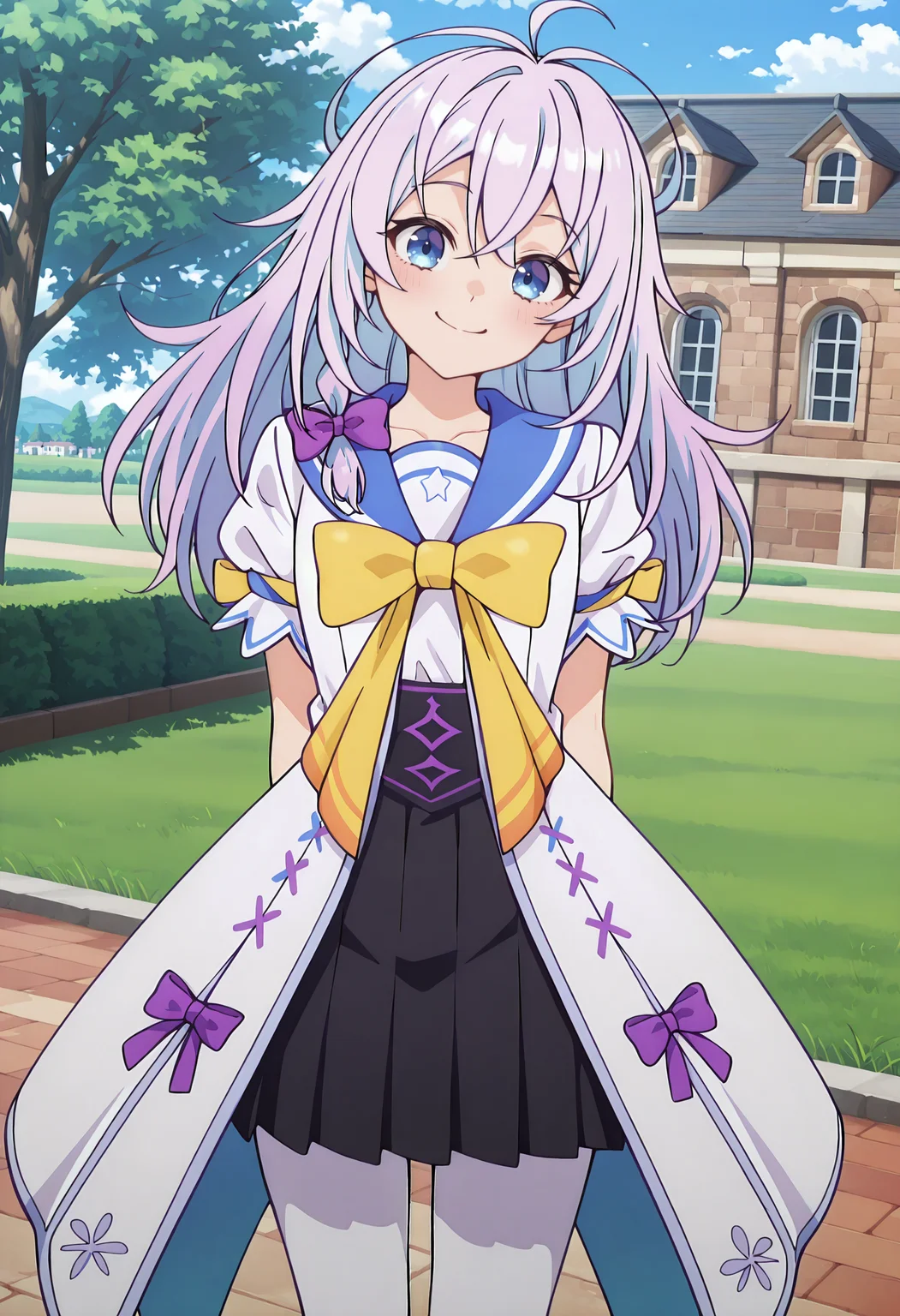 best quality, amazing quality, perfect quality, high quality, masterpiece, absolutely eye-catching BREAK
<lora:Aparida_-_Niberune:1> AparidaNiberune, blue eyes, light purple hair, long hair, antenna hair, double-parted bangs, side braid, purple hair bow BREAK
white coat, sailor collar, short sleeves, yellow dress bow, black pleated skirt, white pantyhose BREAK
outdoors, tree, mansion, grass, blue sky BREAK
1girl, solo, arms behind back, smile, head tilt, looking at viewer, dutch angle, cowboy shot