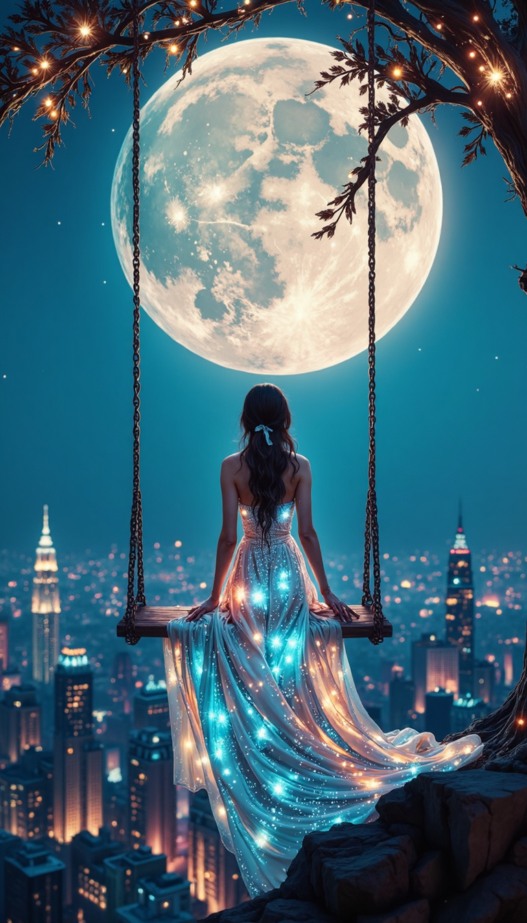 Bioluminescent,evangsurreal,surrealism,glitter, A young woman with long, dark hair sits pensively on a swing suspended from an enormous, luminescent moon.  Her flowing white dress cascades towards a metropolis blanketed in twilight, the cityscape miniaturized by the perspective. The woman is positioned centrally, her melancholic posture emphasized against the vibrant cerulean sky. Employ a high-angle shot to accentuate the vastness of the sky and the woman's diminutive size in comparison to the celestial body above. The lighting should transition from the soft, ethereal glow emanating from the moon to the warm, twinkling lights of the city below. The background should be a hyperrealistic blend of a detailed moonscape and a bustling cityscape.  Incorporate subtle celestial elements, such as shimmering stardust, woven into the fabric of her dress, further blurring the line between reality and dreamscape.