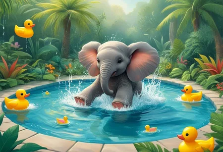 A playful baby elephant joyfully splashing in a vibrant tropical pool, surrounded by oversized, colorful rubber ducks floating on the water. The scene is illustrated in the charming styles of Mercer Mayer, Stephen Kellogg, and E. H. Shepard, capturing a whimsical and enchanting atmosphere