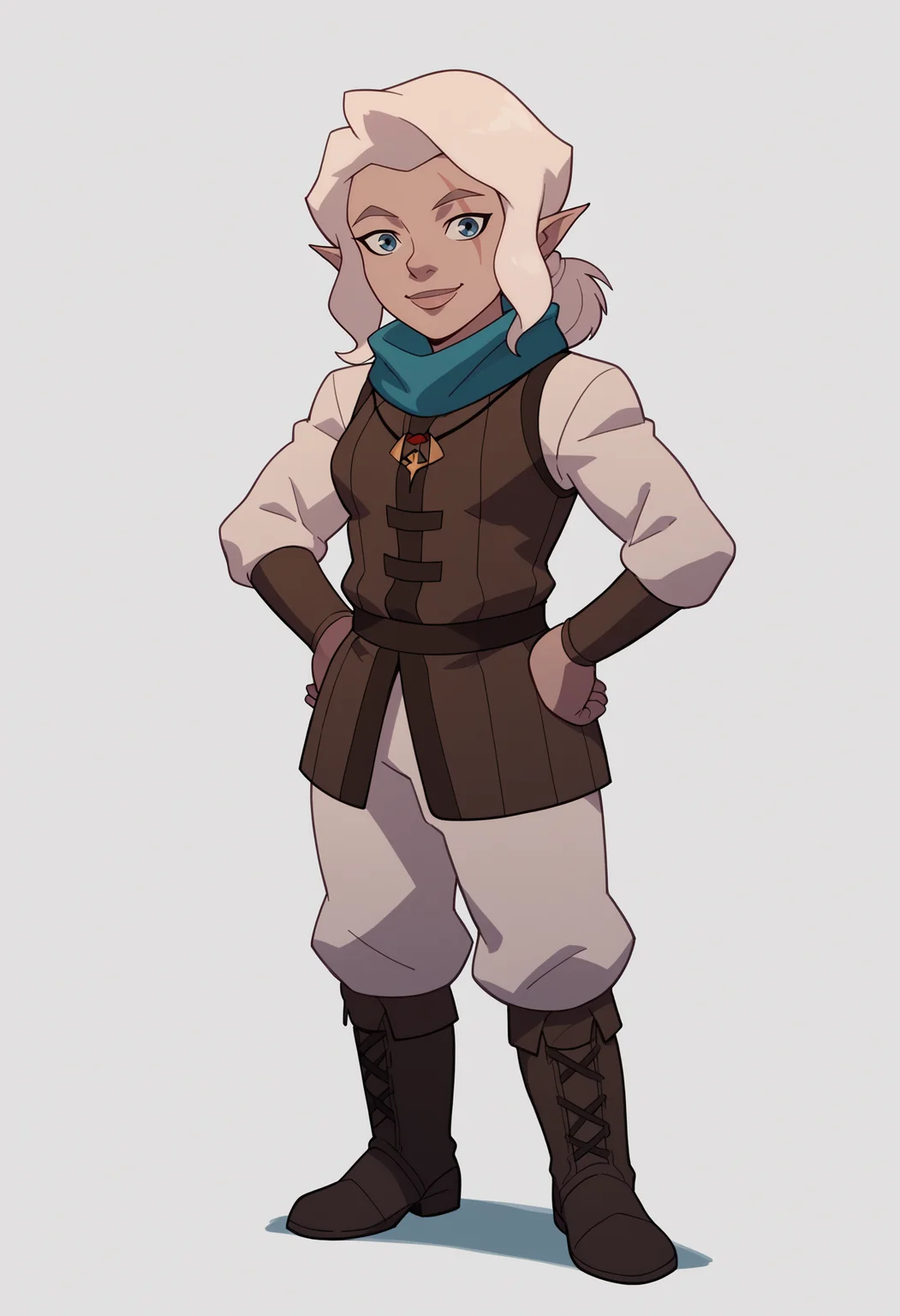 score_9, score_8_up, score_7_up, BREAK,
1girl, pike, white hair, ponytail, blue eyes, scar across eye,
pointy ears, gnome,
blue scarf, necklace,
long sleeves, vest, white pants, sleeveless tunic, boots,
hands on hips, full body, standing, smile, solo, looking at viewer, simple background, white background <lora:PikeTrickfootPDXL_byKonan:1>