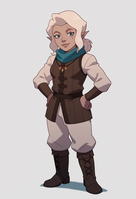 score_9, score_8_up, score_7_up, BREAK,
1girl, pike, white hair, ponytail, blue eyes, scar across eye,
pointy ears, gnome,
blue scarf, necklace,
long sleeves, vest, white pants, sleeveless tunic, boots,
hands on hips, full body, standing, smile, solo, looking at viewer, simple background, white background <lora:PikeTrickfootPDXL_byKonan:1>