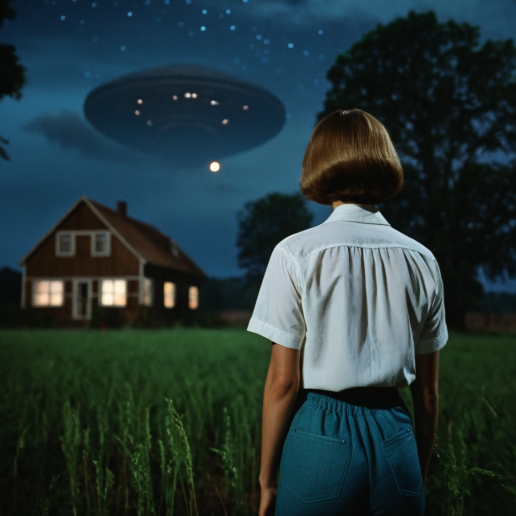 cinematic film still of  <lora:1970's style:1>
In the 1970's a woman standing in a field next to wooden houseat night with alien light above in cloudy sky,solo,short hair,shirt,1boy,standing,white shirt,male focus,outdoors,sky,pants,cloud,from behind,tree,night,grass,scenery,dark,house , realistic,realism, detailed, perfection,perfect,filmic,retro,vintage,classic,different haircut,different look,different style,different people, 1970's style , 1970 style, shallow depth of field, vignette, highly detailed, high budget, bokeh, cinemascope, moody, epic, gorgeous, film grain, grainy