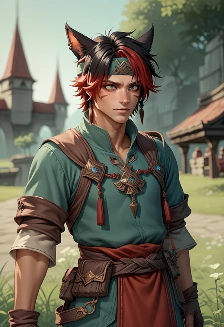 DskMiqo, 1boy, avatar (ff14), blurry, blurry background, cat boy, cat ears, animal ears, animal ear fluff, headband, earrings, facial mark, fingerless gloves, gloves, tunic, bard gear, jewelry, male focus, outdoors, red hair, ring, short hair, solo focus, two tone hair, black hair, red hair, miqo'te, BREAK ,score_9, score_8_up, score_7_up, score_6_up, score_5_up, score_4_up,