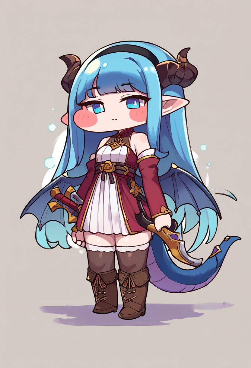 score_9,score_8_up,score_7_up,source_anime,zPDXL3,
*//*,<lora:Trickal_Revive-Pony:1>,1girl, horns, tail, solo, blue eyes, dragon tail, blue hair, dragon girl, chibi, long hair, dragon horns, wings, :<, dragon wings, blush stickers, pointy ears, thighhighs, animal ears, looking at viewer, standing, dress, holding, bangs, very long hair, hairband, detached sleeves, weapon, closed mouth, full body, boots