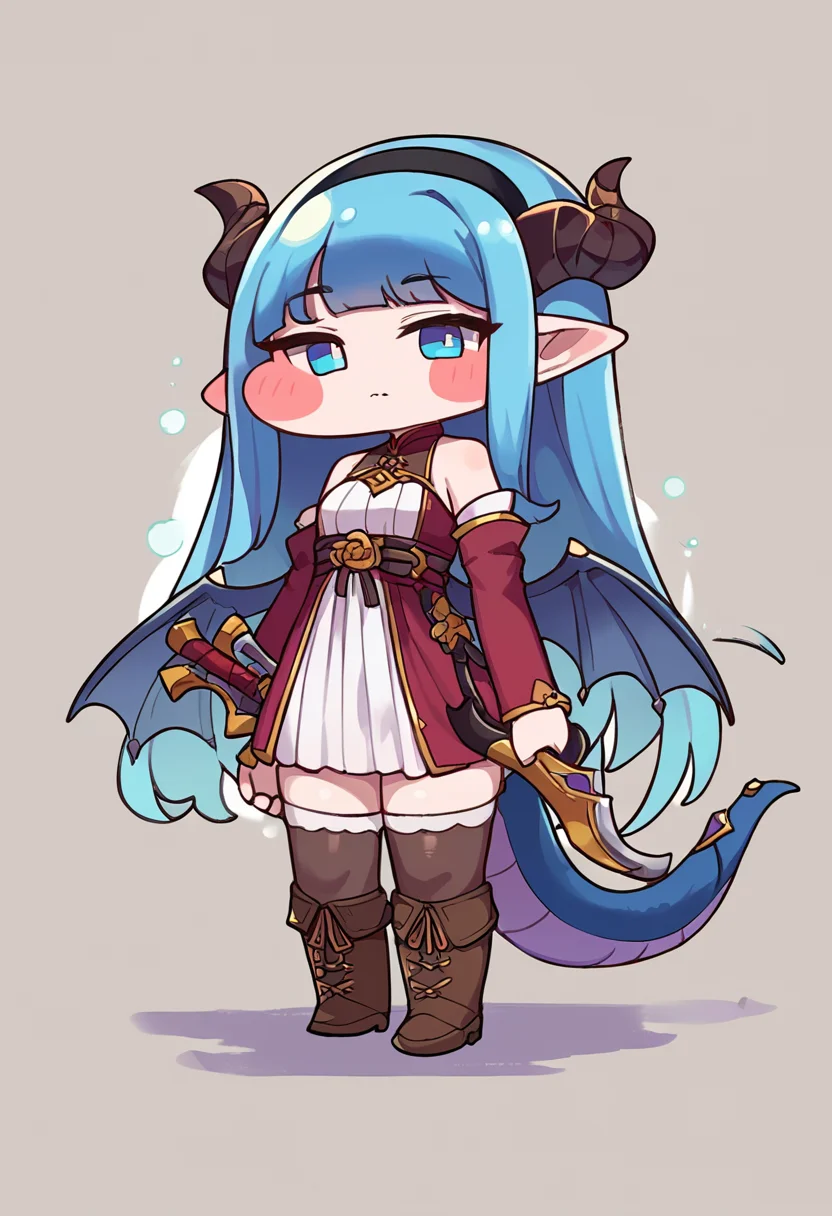 score_9,score_8_up,score_7_up,source_anime,zPDXL3,
*//*,<lora:Trickal_Revive-Pony:1>,1girl, horns, tail, solo, blue eyes, dragon tail, blue hair, dragon girl, chibi, long hair, dragon horns, wings, :<, dragon wings, blush stickers, pointy ears, thighhighs, animal ears, looking at viewer, standing, dress, holding, bangs, very long hair, hairband, detached sleeves, weapon, closed mouth, full body, boots