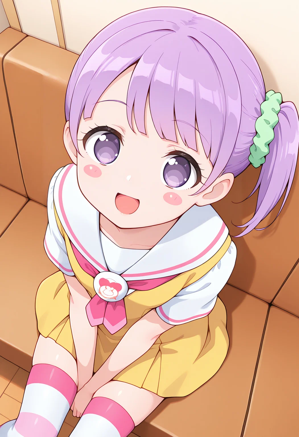 highres, best quality, masterpiece, indoors,
1girl, solo, prpprnon, purple hair, side ponytail, purple eyes, hair scrunchie, blush stickers,
school uniform, yellow dress, white sailor collar, short sleeves, white sleeves, white thighhighs, striped thighhighs,
looking at viewer, blush, smile,
sitting, dutch angle, open mouth, from above,
<lora:_non_manaka-elesico-ilxl-13:1>