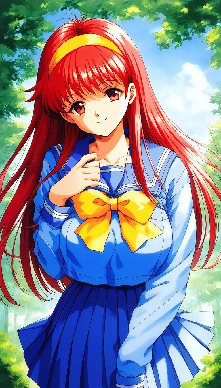 score_9, score_8_up, score_7_up, source_anime, rating_explicit, BREAK  <lora:Fujisaki_Shiori_XL:1> FujisakiShiori, long hair, Yellow hairband, red hair, red eyes, large breasts,
1girl, solo, school uniform, skirt, blue serafuku, long sleeves, blue skirt, blue long sleeve,
yellow bow, pleated skirt, bow, blue sailor collar,
outdoor, sky, tree, smile,
 looking at viewer,