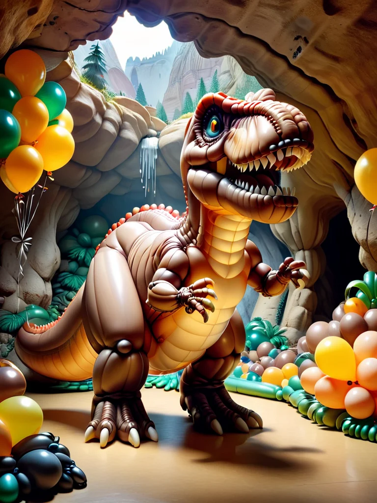 balloonz, balloon trex, t-rex, standing trex, birthday party, cake, in a cave, stoneage, celebration birthday, short trex arms, can´t eat cake, is sad about it, cave floor <lora:balloonz:0.8>