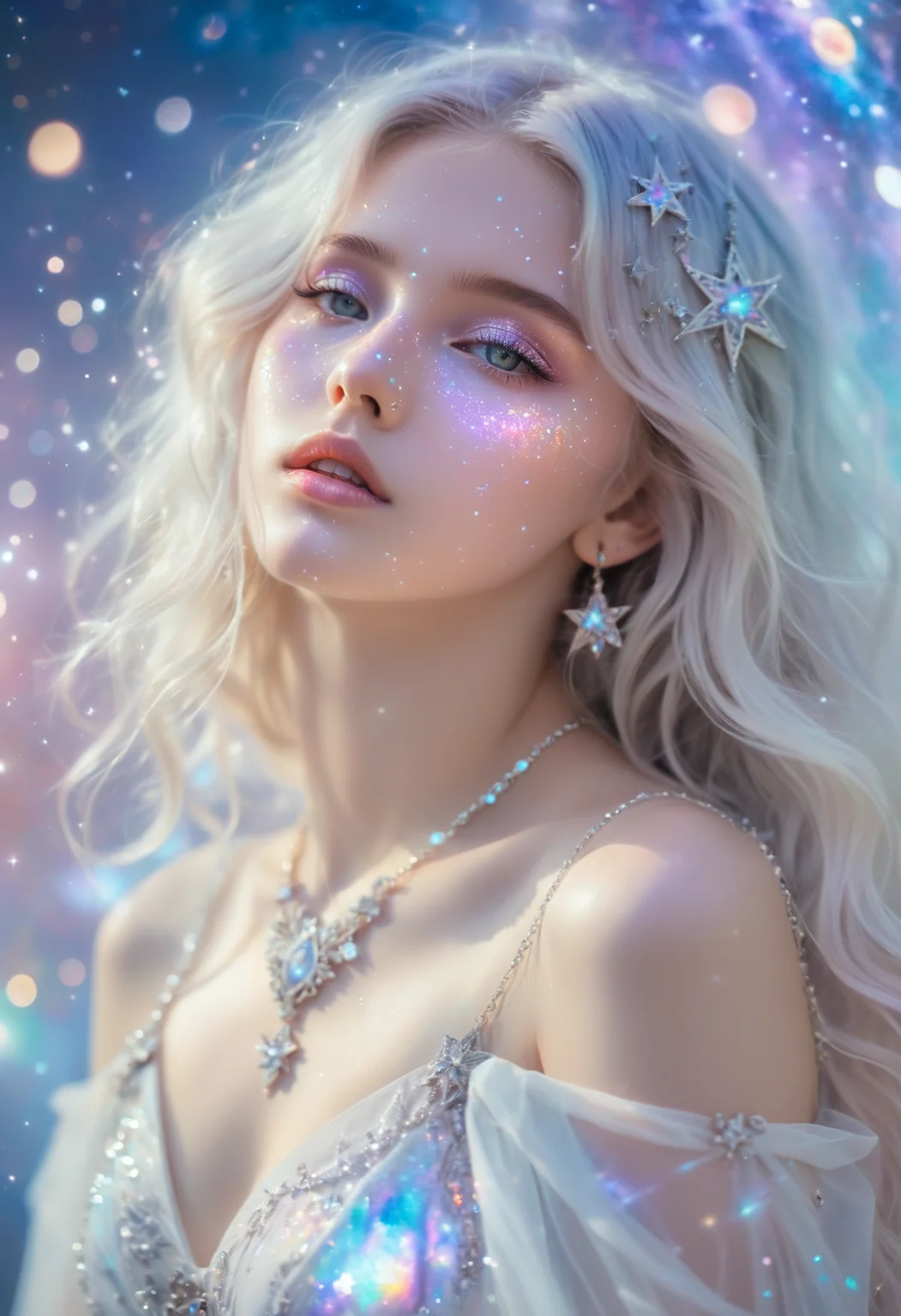 aurealis, 1girl, 18yo, iridescent skin, shimmering hair, pastel colors, glowing eyes, mesmerizing gaze, celestial background, stars, galaxies, dreamy atmosphere, flowing white gown, ethereal, mystic, ornate silver jewelry, delicate features, petite nose, full lips, soft focus <lora:SDXL\Aurealis_beta_SDXL:0.5>