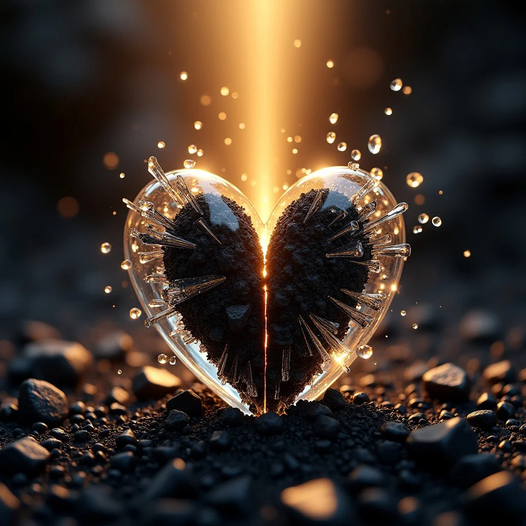 Shattered glass heart, bisected along its central axis, with dark core exposed, fills frame from top to bottom. Soft, golden light pours down, bathing scene in warm glow, while surrounding black lava and ash create depth and mystery. Meticulous details of each shard and texture rendered in high definition, drawing viewer's eye to the heart's intricate destruction.