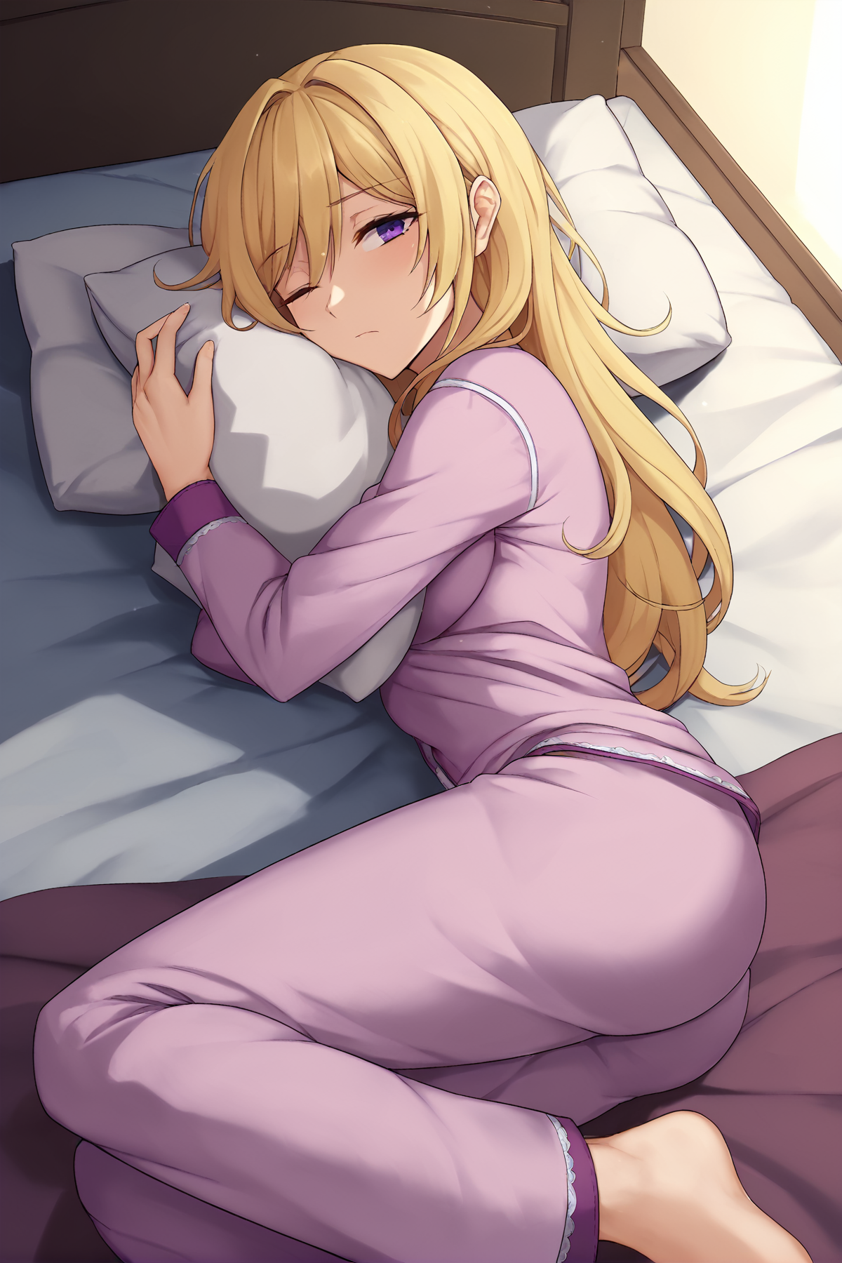 score_9, 
a girl lying in bed hugging her pillow, blonde hair, long hair, on side, sleepy, one eye open, pajamas, solo, from side, purple eyes, 
<lora:velminth_lite:1>, 
high resolution, Masterpiece