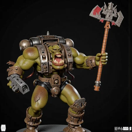 Score_9_up, absurdres, source: GamesWorkshop, grimdark, gothic horror, Warhammer 40000, a snarling ork is waving an axe in one hand and firing a machinegun in the other, lifelike, hyperrealism, perfect hands, perfect anatomy, project unreal engine