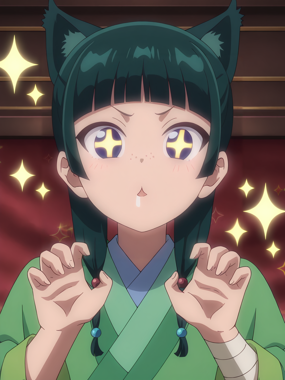 <lora:Maomao_Character:0.8>maomao, 1girl, solo, blue eyes, freckles, dark green hair, twin braids, blunt bangs, hair tie, green kimono, bandages, dark green cat ears, sparkling eyes, excited, open mouth, drooling, cat pose, clawed hands, upper body, looking at viewer, indoors, stars effect