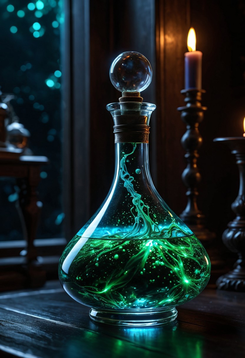 Score_9, Score_8_up, Score_7_up, Score_6_up, Score_5_up, Score_4_up, high_def, highest quality, 4k, best quality, masterpiece, no humans, object focus, focused, defined, (Photorealistic magic potion:1.3), intricate glass bottle, elixir, neon blue colors, green hues, bubbling, ethereal light, flashy lights, magic lights, luminous, dynamic reflections, magical aura, highly detailed, fantasy essence, glowing particles, radiant aura, aether