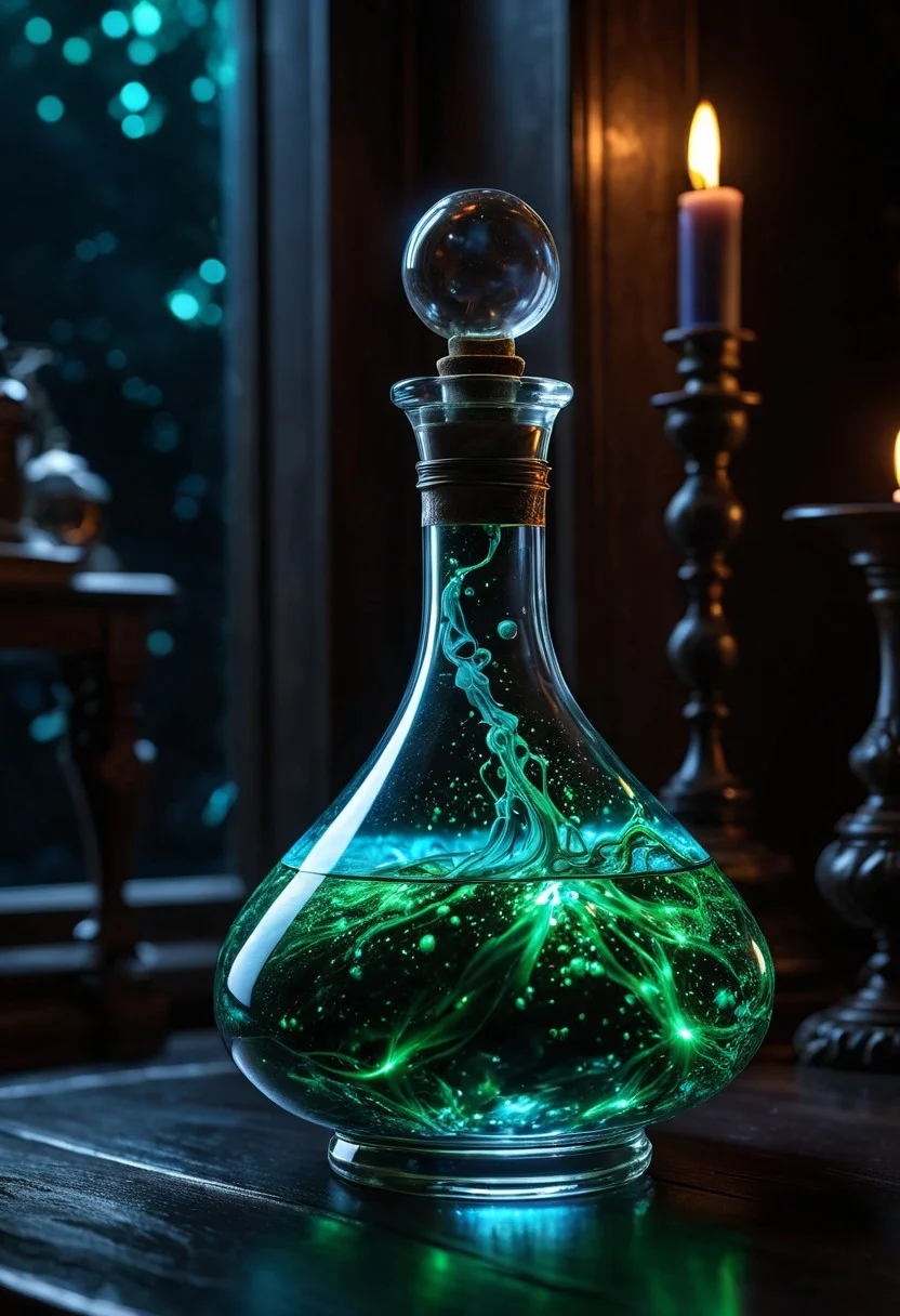 Score_9, Score_8_up, Score_7_up, Score_6_up, Score_5_up, Score_4_up, high_def, highest quality, 4k, best quality, masterpiece, no humans, object focus, focused, defined, (Photorealistic magic potion:1.3), intricate glass bottle, elixir, neon blue colors, green hues, bubbling, ethereal light, flashy lights, magic lights, luminous, dynamic reflections, magical aura, highly detailed, fantasy essence, glowing particles, radiant aura, aether