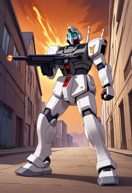 score_9, score_8_up, score_7_up, source_anime, cowboy shot, front view, BREAK, ( midnight blue color scheme, rgm-79_gm, looking up and to the side, rifle, beam saber on back, aiming up and to the side, standing, firing submachine gun, muzzle flare, ) 1mech, mech focus, solo, BREAK, asteroid base, nighttime, buildings, pylons,
