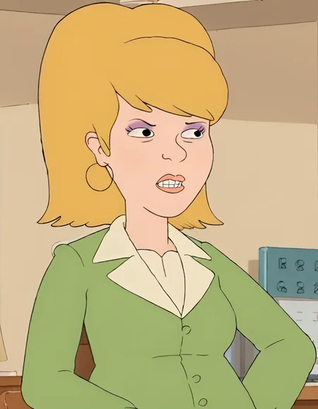 <lora:f_is_for_family_sue:1>,1girl, black eyes, blonde hair, cartoon, earrings, jewelry, lips, makeup, short hair, solo, sueisf, teeth