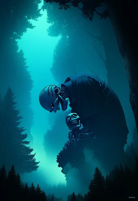 score_9, score_8_up, score_7_up, score_6_up, score_5_up, flat color, sinozick style, john kafka, (1man, blue skeleton), cool shirt, (forest, giant, CR33P1NGF0G, fog)