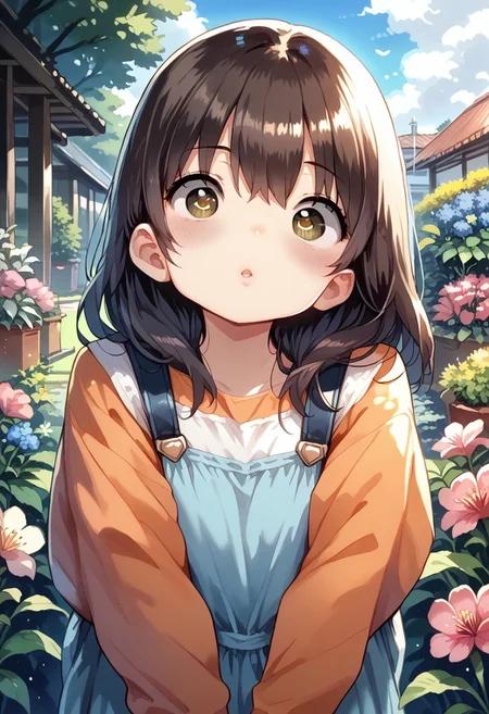 score_9, score_8_up, score_7_up, source_anime, masterpiece, absurdres, perfect face, solo cute expression, perfect face, PonsukeP, 1girl, solo, dark hair, dark brown eyes, bright eyes, split lips, blush, cute, garden, day, flowers.