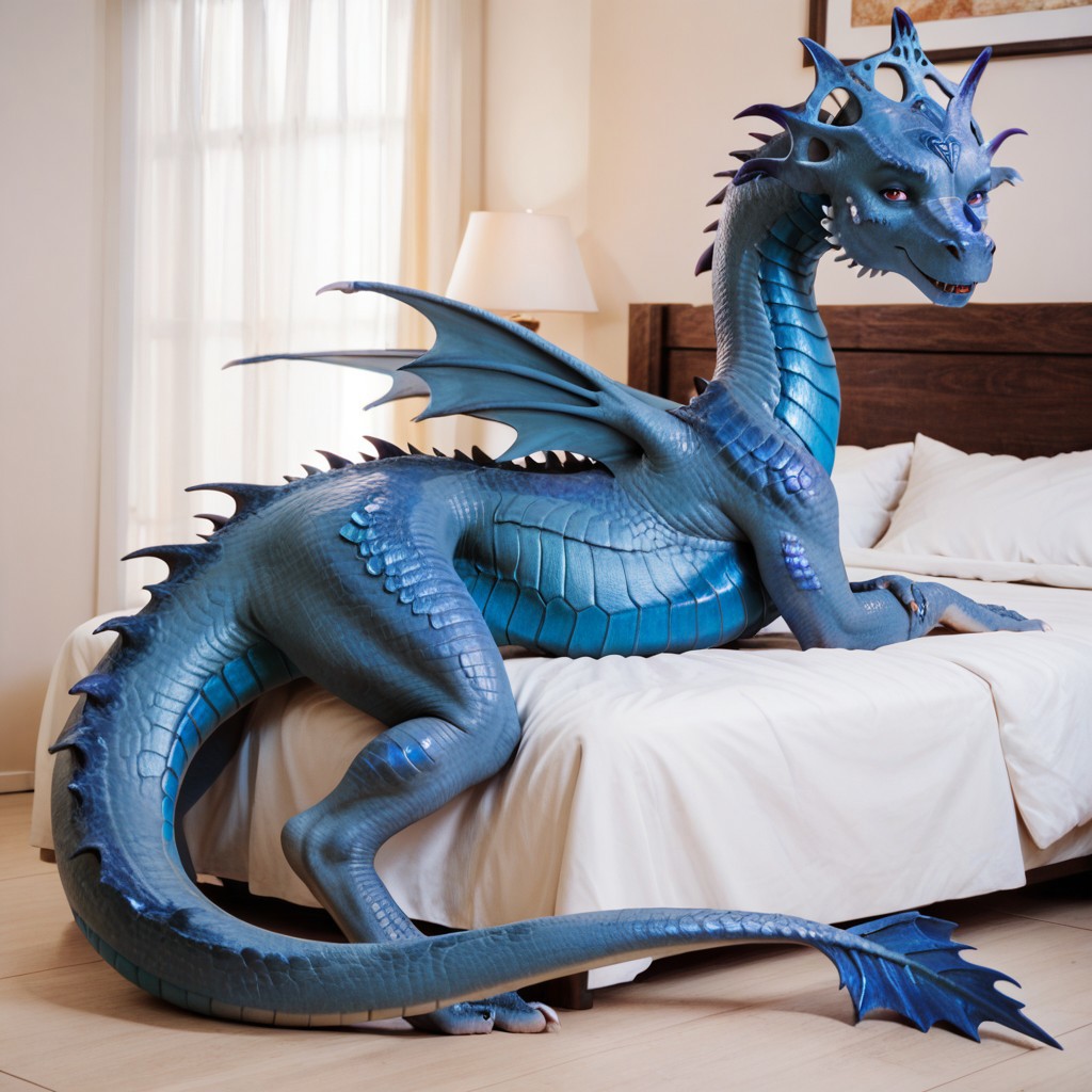 score_9, score_8_up, score_7_up, score_6_up, score_5_up, score_4_up, masterpiece, high quality, realistic, detailed, best quality, white bed, solo, rating_safe, source_furry, bedroom, smiling, seductive, looking at viewer, on bed, full body, close up, queen_narissa, dragon, blue scales, wings, tail, tail end, claws, female, 1girl, red eyes, feral