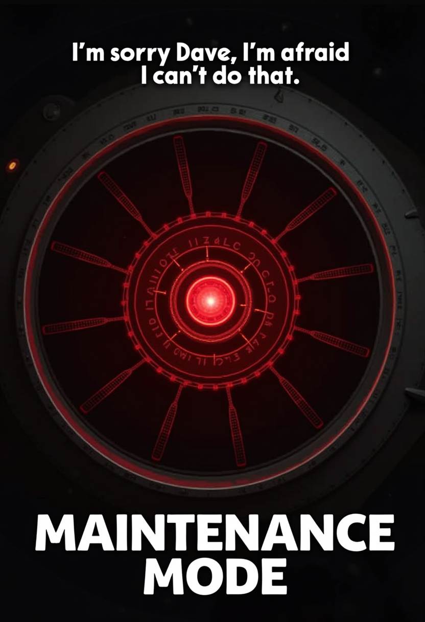 a tag line text at the top center: "I'm sorry Dave  I'm afraid  I can't do that",   detailed picture of the red camera of the HAL 9000 computer from the movie space odyssey,   in big white letter below "MAINTENANCE MODE"