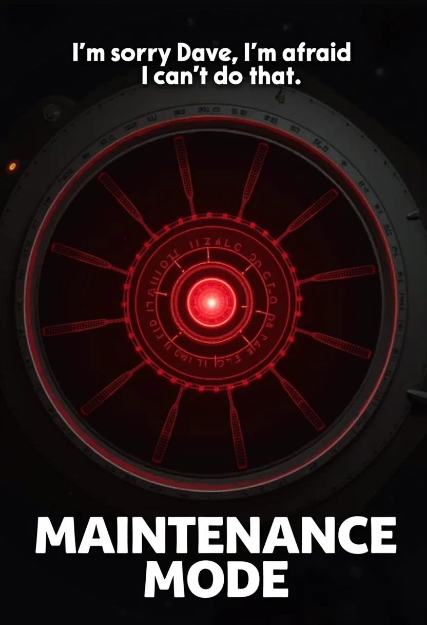 a tag line text at the top center: "I'm sorry Dave I'm afraid I can't do that", detailed picture of the red camera of the HAL 9000 computer from the movie space odyssey, in big white letter below "MAINTENANCE MODE"
