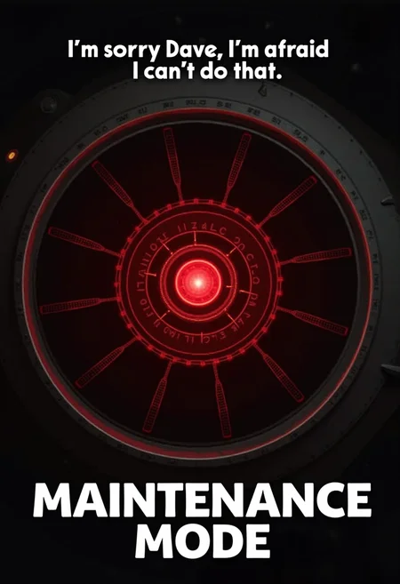 a tag line text at the top center: "I'm sorry Dave I'm afraid I can't do that", detailed picture of the red camera of the HAL 9000 computer from the movie space odyssey, in big white letter below "MAINTENANCE MODE"