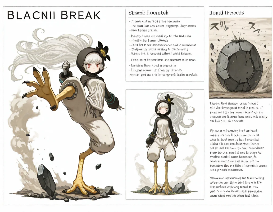 masterpiece, amazing quality, high resolution, 1 girl, solo, very thin, size difference, Tsugumi, long hair, white hair, red eyes, Ponytail, black hood, hood up, monster girl, bird legs, yellow legs, black flower head ornament, small breasts, white black dress, baggy pants, flowing hair, worldbuilding, english text, 1girl, character profile, monster girl, multiple views, crushing stone with feet, motion lines, kicking stone, stone break, dust, dust cloud, stone fragments, serious expression