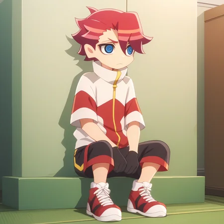 score_9,score_8_up,score_7_up,score_6_up,score_5_up,score_4_up,sakko otori,sitting,gloves,solo,shorts,black gloves,frown,shoes,1boy,red footwear,red shorts,male focus,closed mouth,high collar,full body,indoors,white-red jacket,looking to the side,sneakers,shirt,zipper pull tab,black shorts,anime screenshot,<lora:Myth_of_Emotions_V1-1:1>,