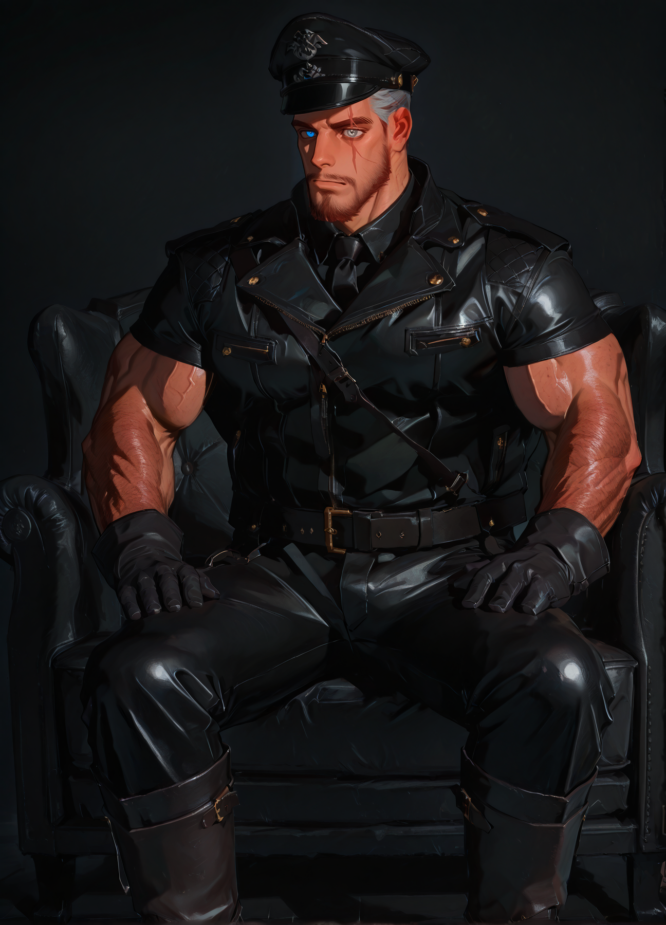 <lora:Leather_Uniform_ilxl:1>,(sexy pose,boots,hat,shirt,tie,gloves,leather jacket,leather pants, leather uniform),
(scar on right eyes, heterochromia, left blue eye, right grey eye, blue eye, grey eye), looking at viewer, 
<lora:DNF_Monk_r1:.9> dnfmonk, muscular male, beard, multicolored hair, scar on face, (very short hair), male focus, muscular male, large pectorals, 
muscular male, bara, mature, (hairy body, hairy, body hair, arm hair, leg hair, hairy body, glossy skin, bara, mature, facial hair, beard, full beard, sideburn, mustache, stubble), facial hair, bara, mature, body hair, aixiwuganda_(20222192), very awa, masterpiece, best quality, absurdres, newest, perfect quality, detailed background, intricate details,<lora:slider_Body Type_alpha1.0_rank4_noxattn_last:1><lora:Anime Summer Days 2 Style SDXL_LoRA_Pony Diffusion V6 XL:.6><lora:merged:.7>, DARK, DARK BACKGROUND, LOW-KEY LIGHTING <lora:slider_cfg_scale_boost:.7><lora:Artist6p:.55>, Artist6p, Artist04p,<lora:slider_il_brightness_slider_d1:-.5><lora:slider_il_contrast_slider_d1:-.25>,<lora:slider_contract_controller_illus01_v1:.3>,<lora:slider_DarkSlider1.2_alpha1.0_rank16_full_300steps:-.2><lora:Heavenly_Beauty_r1:1>, (heavenlybeauty,)<lora:slider_style_strength_controller_illus01_v1:.25>