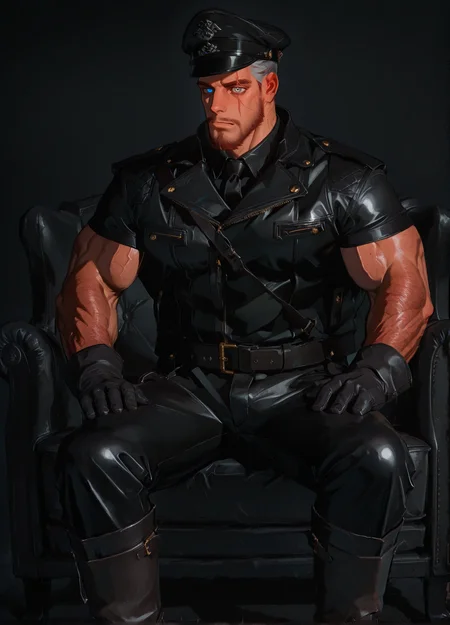 <lora:Leather_Uniform_ilxl:1>,(sexy pose,boots,hat,shirt,tie,gloves,leather jacket,leather pants, leather uniform),
(scar on right eyes, heterochromia, left blue eye, right grey eye, blue eye, grey eye), looking at viewer, 
<lora:DNF_Monk_r1:.9> dnfmonk, muscular male, beard, multicolored hair, scar on face, (very short hair), male focus, muscular male, large pectorals, 
muscular male, bara, mature, (hairy body, hairy, body hair, arm hair, leg hair, hairy body, glossy skin, bara, mature, facial hair, beard, full beard, sideburn, mustache, stubble), facial hair, bara, mature, body hair, aixiwuganda_(20222192), very awa, masterpiece, best quality, absurdres, newest, perfect quality, detailed background, intricate details,<lora:slider_Body Type_alpha1.0_rank4_noxattn_last:1><lora:Anime Summer Days 2 Style SDXL_LoRA_Pony Diffusion V6 XL:.6><lora:merged:.7>, DARK, DARK BACKGROUND, LOW-KEY LIGHTING <lora:slider_cfg_scale_boost:.7><lora:Artist6p:.55>, Artist6p, Artist04p,<lora:slider_il_brightness_slider_d1:-.5><lora:slider_il_contrast_slider_d1:-.25>,<lora:slider_contract_controller_illus01_v1:.3>,<lora:slider_DarkSlider1.2_alpha1.0_rank16_full_300steps:-.2><lora:Heavenly_Beauty_r1:1>, (heavenlybeauty,)<lora:slider_style_strength_controller_illus01_v1:.25>