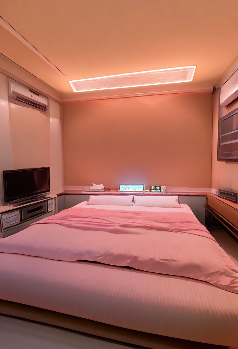 lovehotel, scenery, indoors, table, couch, television, bed, pillow, blanket, LHbedpanel, phone, tissue box, 
masterpiece, best quality, amazing quality, very aesthetic, absurdres, newest,
<lora:lovehotel_Illustrious_V1P:1>