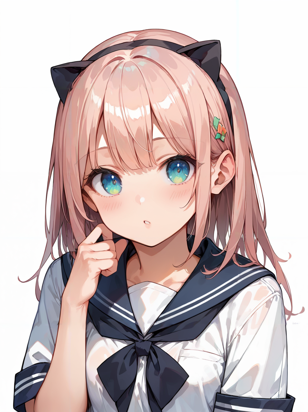 score_9, score_8_up, score_7_up,source_anime, high res image,masterpiece,best quality,(petite girl:1.0),cute face,clear skin,shiny hair,ultra detailed eyes,uncensored,simple background,
 <lora:nekomimi hachimaki_pony_V1.0:1> nekomimi hachimaki, cat ears,black hairbow,school uniform